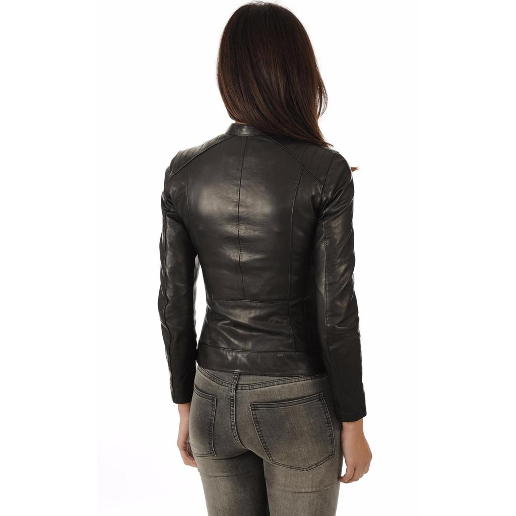 SKINOUTFIT Women's Genuine Lambskin Leather Motorcycle Slim Fit Biker Jacket Black Coat