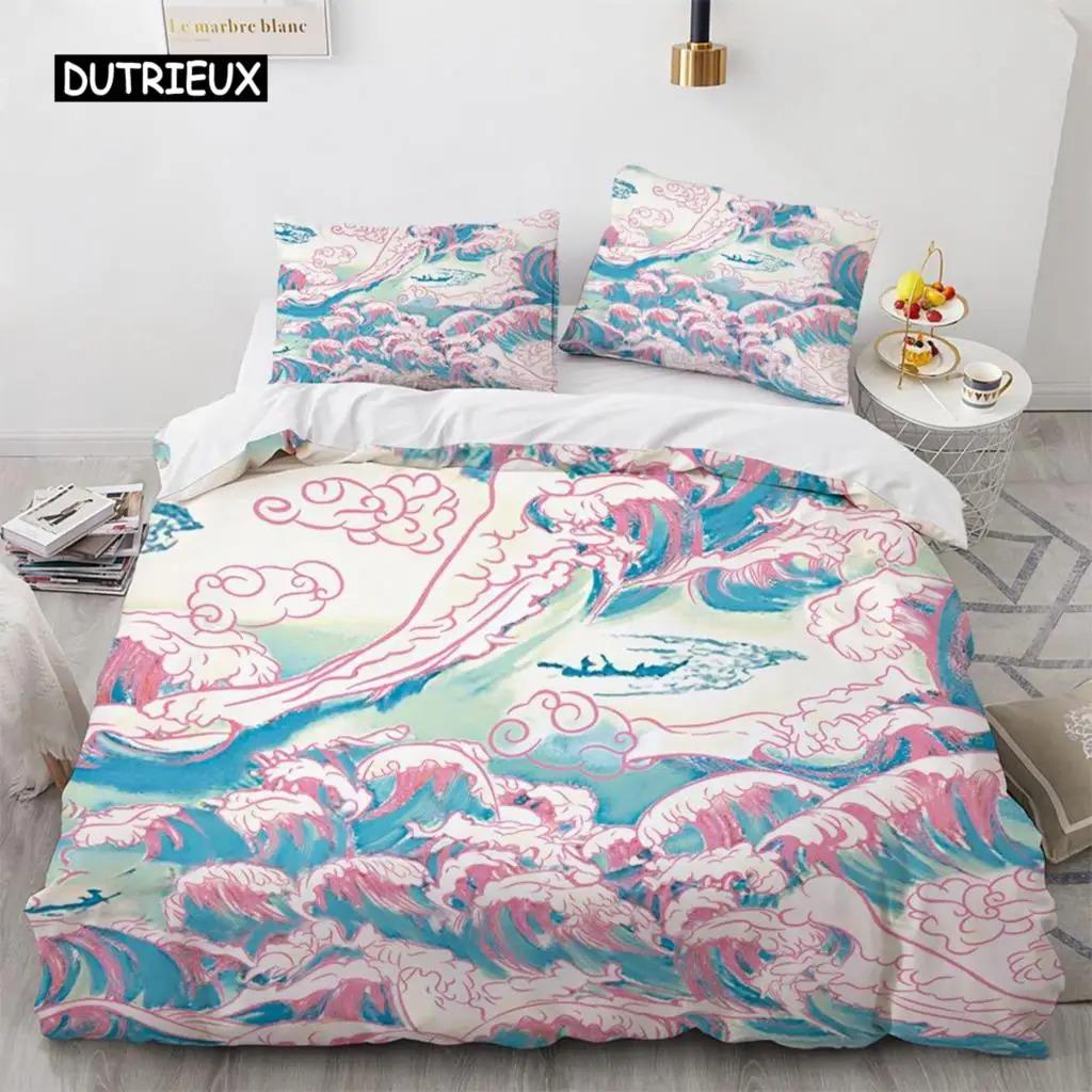 Wave Duvet Cover Set Hokusai Pattern Japanese Ukiyoe Quilt Cover Oriental Sketch Style Ocean Queen Twin Polyester Bedding Set