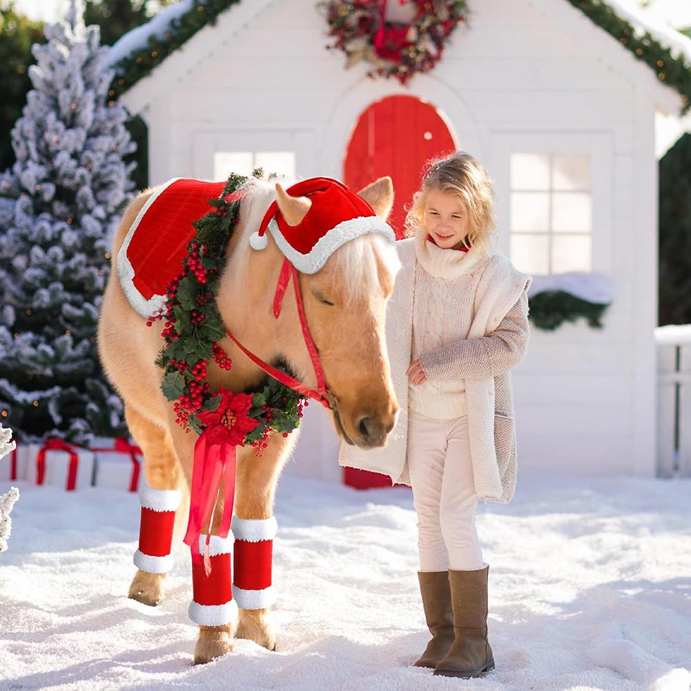 6Pcs Christmas Santa Leg Wraps Horse Hat Saddle Pad with Faux Fur Trim Santa Hat Saddle Pads Leg Wraps Multi-Purpose for Horses