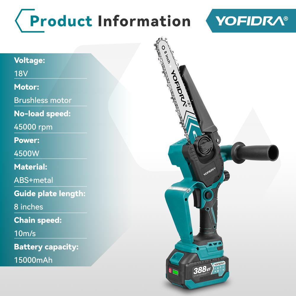 YOFIDRA 8-Inch 4500W Brushless Electric Pruning Saw Cordless Chainsaw for Woodworking Compatible with Makita 18V-21V Battery