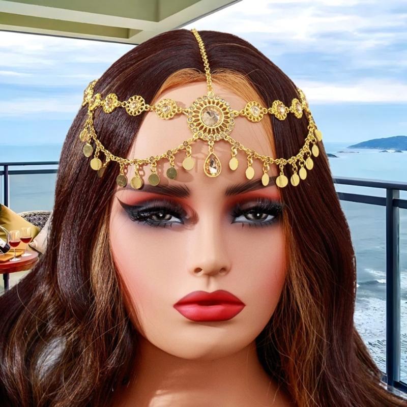 Indian Bridal Head Chain Gold Color Coin Tassels Rhinestones Headdress for Women Wedding Accessories Casual Wear