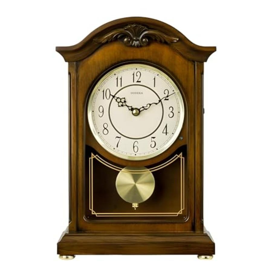 

Wooden Mantel Clock TCW004DB Pendulum Carved Case Hourly Chime Classic Melody Antique Style for Fireplace Table Bedroom Living