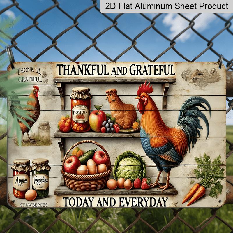 

2D Flat, 1pc 12x8 Inch Aluminum Vintage Chicken Farm & Fruit Gratitude Sign - Rustic Wall Art with Thankful & Grateful Quote, Farmhouse Decor for 20*30cm