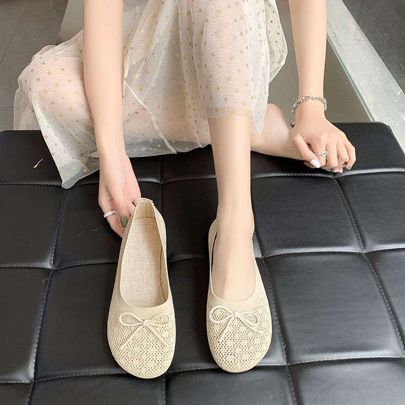 Knitted Mesh Shoes Women's 2025 Summer New Soft-soled Fairy Wind Gentle Bow Single Shoes One Pedal Maternity Shoes Women