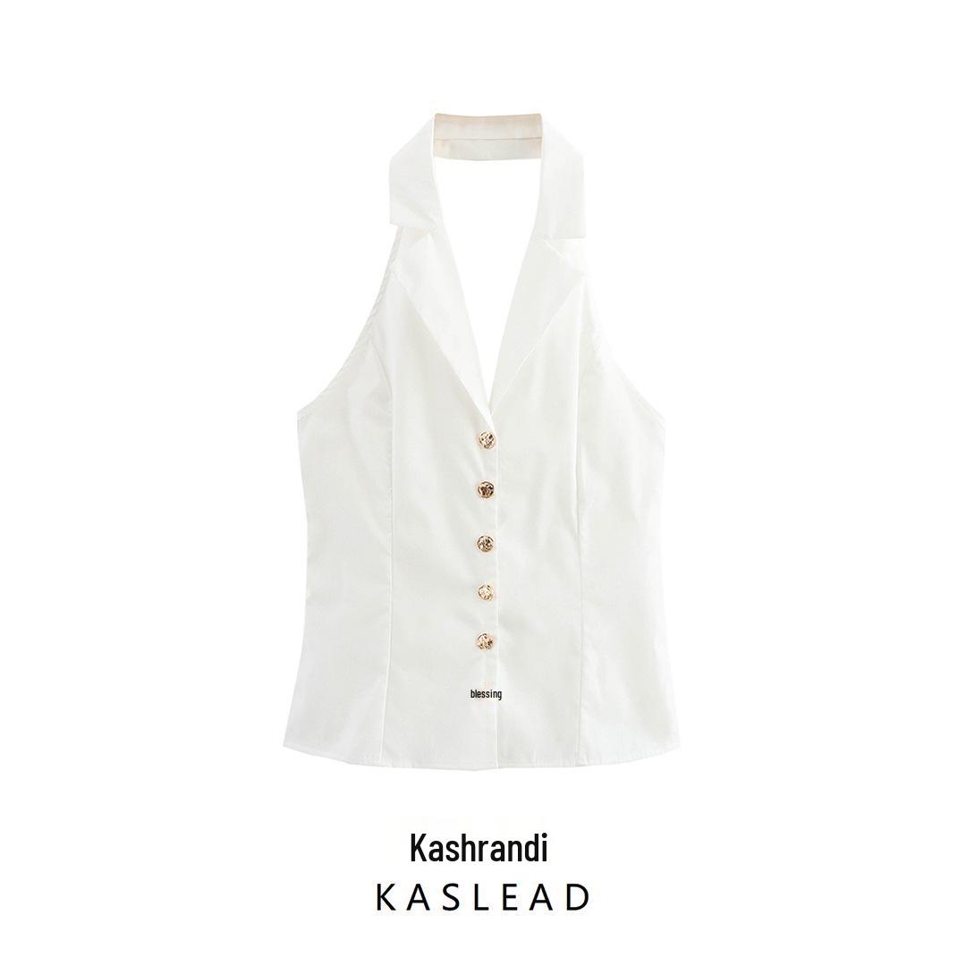 

Spring 2025 Women s European & American Style White Backless Halter Top - Fashionable & Versatile L білий