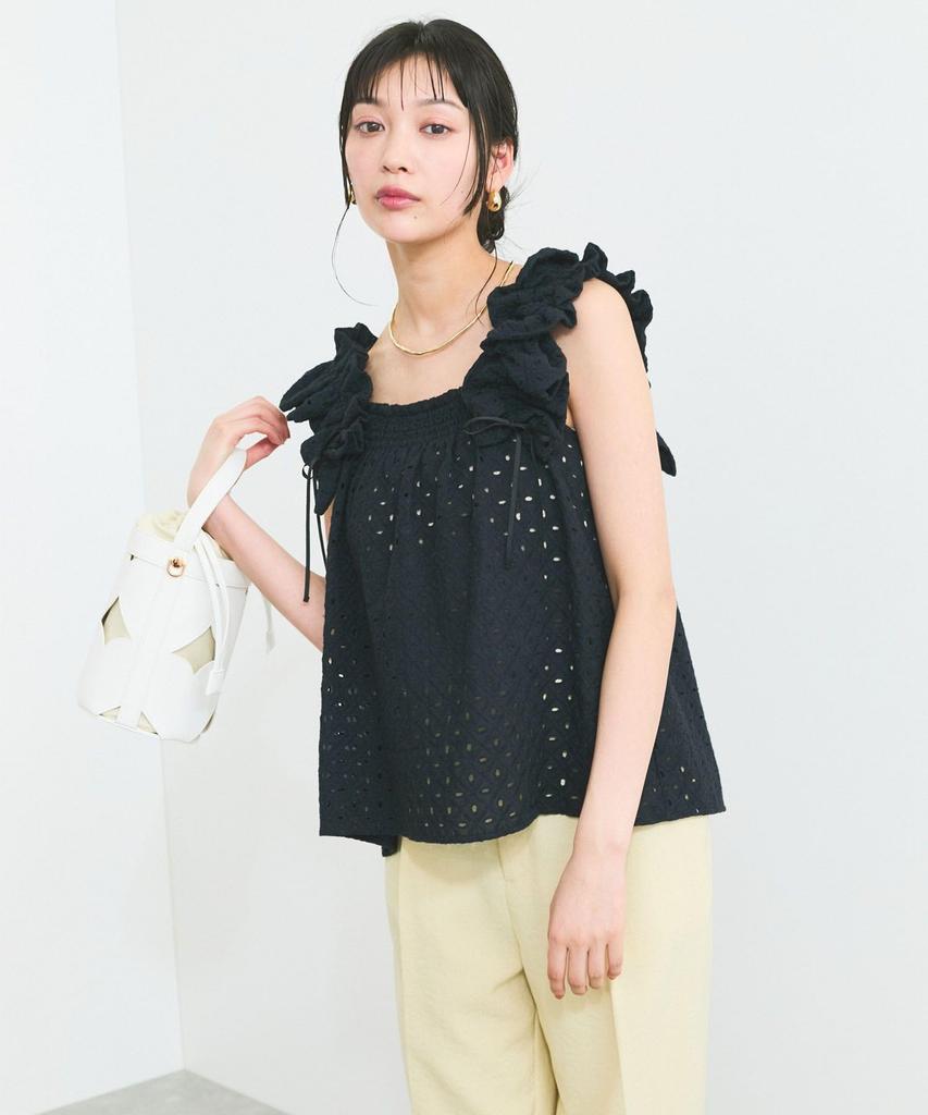 Embroidered Lace Shoulder Black [BIS] 2-Way Blouse, Women's, (01)