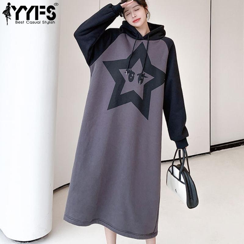 

YYFS Women s Fashion Fall Winter Star Print Long Sleeve Hooded Loose Waistline Casual Dresses M темно-сірий