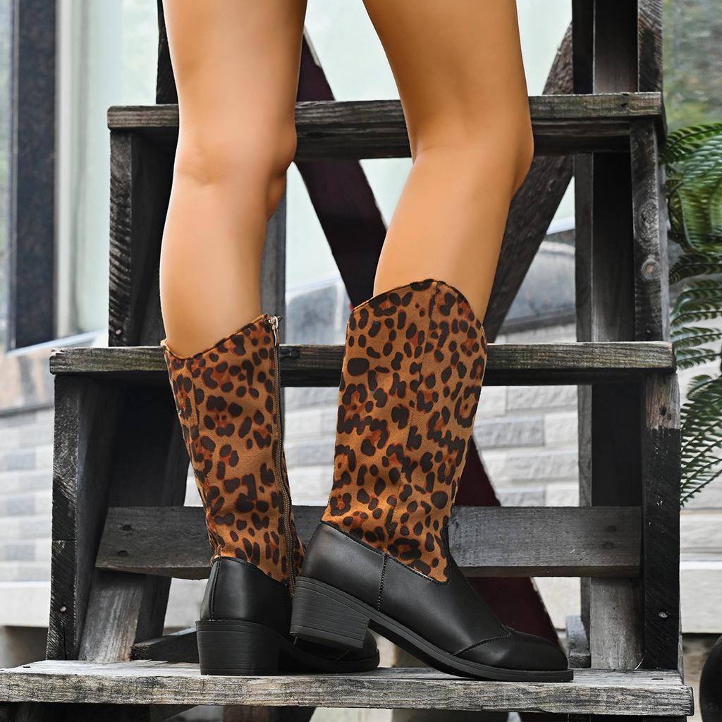 Large Size V-mouth Side Zipper Leopard Print Wind Knight Boots Autumn and Winter New High Tube But Knee Women's Boots