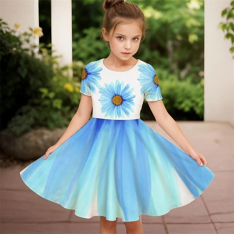 Easter Girls' 3D Floral Graphic Dress Short Sleeve Summer Spring Vacation
