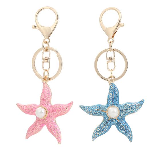 Keychain Pendant Starfish Design Zinc Alloy Key Chain with Imitation Pearl Inlaid Anti-Oxidation Lobster Clasp Key Pendant
