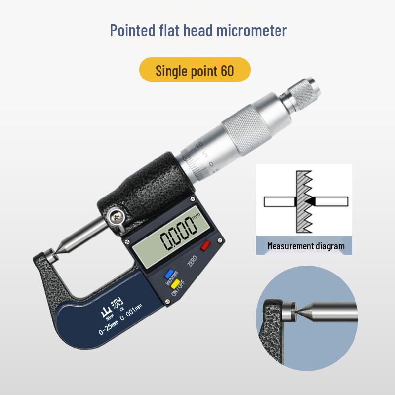 Shan Ce Electronic Digital Micrometer with Single/Double Pointed, Flat, and Beveled Tips, 0-25mm High Precision