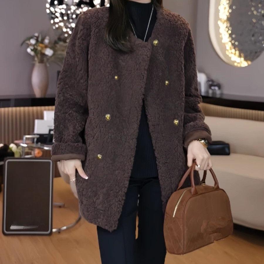 

Зимнее элегантное твидовое пальто с мехом женское свободное двубортное приталенное жакет оверсайз XL