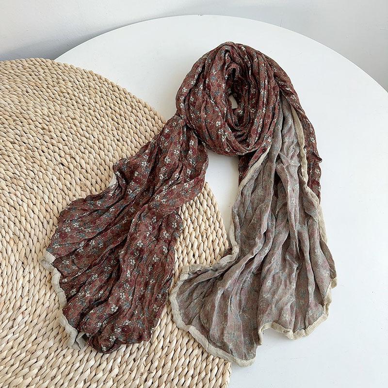 Autumn Winter Floral Scarf Retro Versatile Korean Version Cotton And Linen Scarves Women'S Thin Breathable Shawls