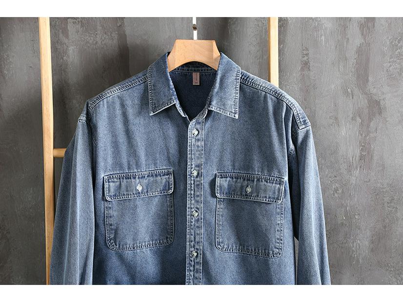 Autumn Men's Retro Light Denim Long Sleeve Shirt with Double Pockets