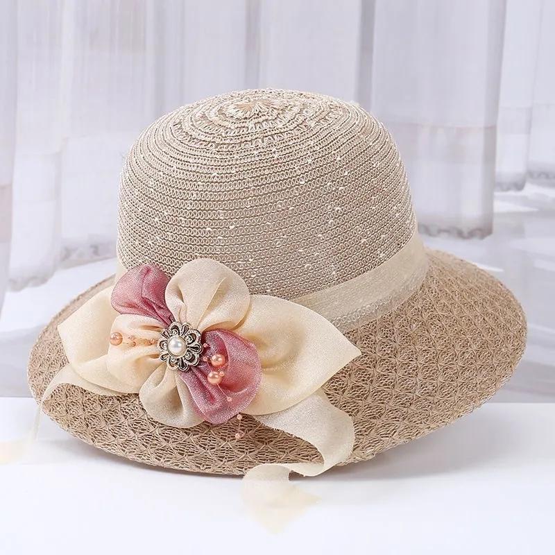 Berretto da sole da donna Fiore estivo Fiocco in nastro Cappello di paglia Protezione solare Scava fuori Vacanza al mare Cappello anti-UV Cappello da sole tutto-fiammifero