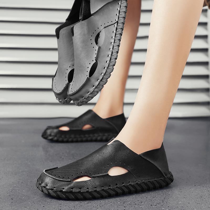 Handmade Genuine Leather Shoes Men Cool Summer Flats Men Breathable Outdoor Walking Shoes Handmade Slip On Male Antiskid Beach