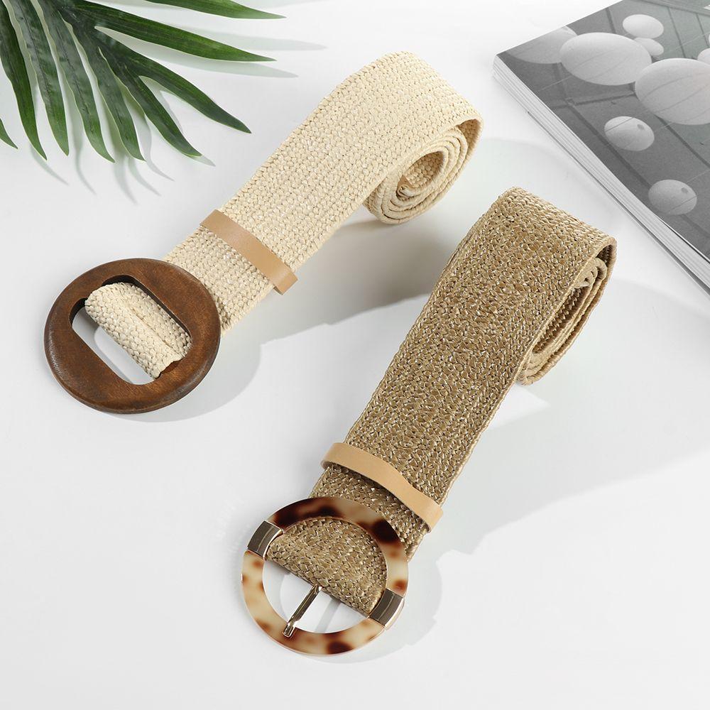 Casual Braided Bohemian Elastic Waistbelt Straw Belt Wooden Buckle