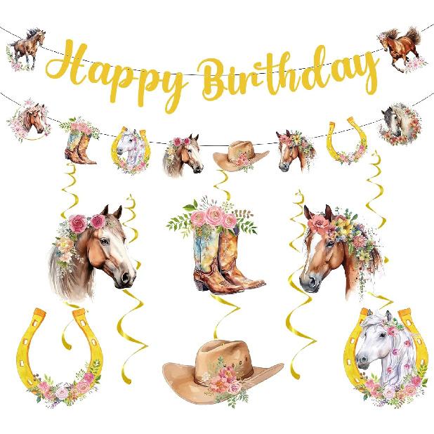 Horse Themed Birthday Party Decorations - NOVBAUB 21PCS Cowgirl Happy Birthday Party Decorations Banner Hanging Swirls Western Cowgirl Hat Boots