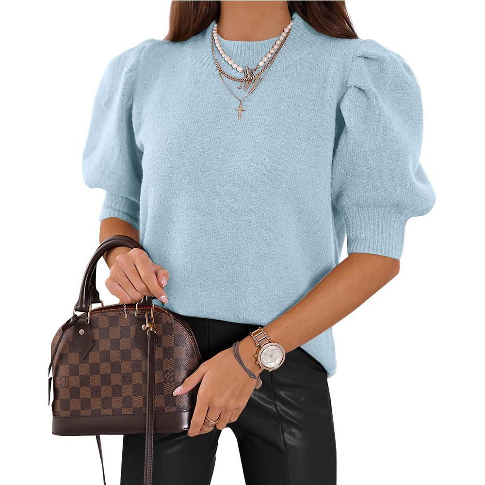 Summer and Autumn Casual Simple Round Neck Bubble Sleeve Solid Color Short Sleeved Sweaters