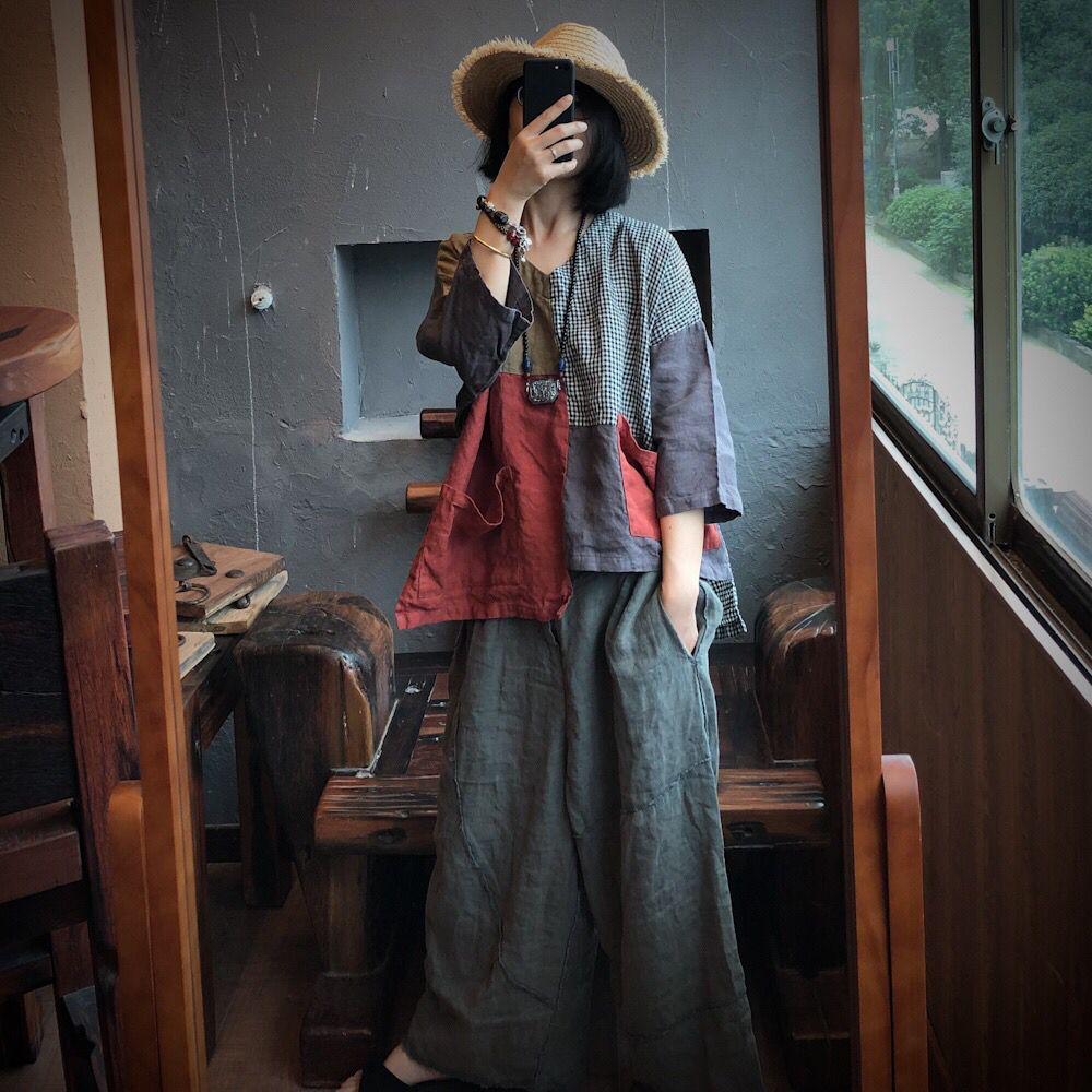 Ancient Mud Patchwork Loose Linen Top - Women's Plus Size Artistic Black & White Plaid Shirt