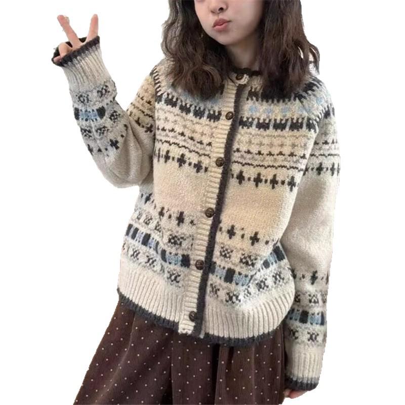 Dámský retro svetr kabát Fair Isle - Podzim/Zima Měkký žakárový úplet Volný kardigan