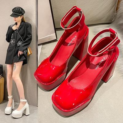 2024 New Platform Buckle Strap Pumps Women Shoes Chunky Heels Red Patent Leather Anti-drop Pimp Fashion Red High Heels