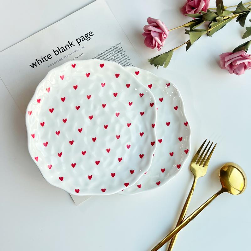 Heart Pattern Ceramic Plates Household 8 Inch New Underglazed Colour Round Dessert Dish Aesthetic High End Dinner Tableware
