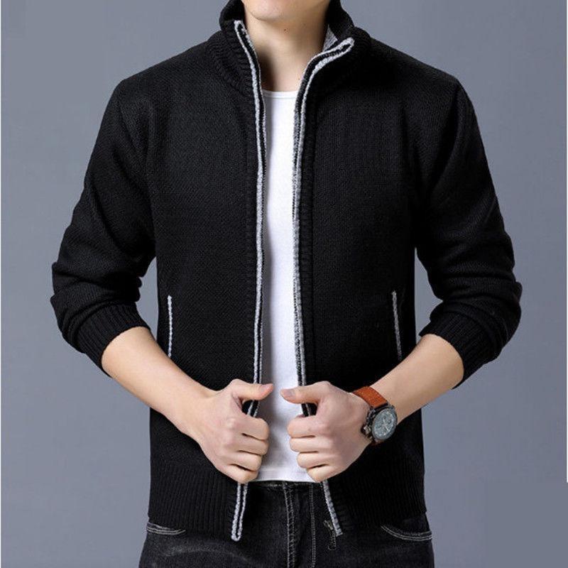 Herren Warmer Fleecegefütterter Strickjackenpullover mit Reißverschluss - Einfarbig, Stehkragen, Übergröße, Lässige Winterbekleidung.