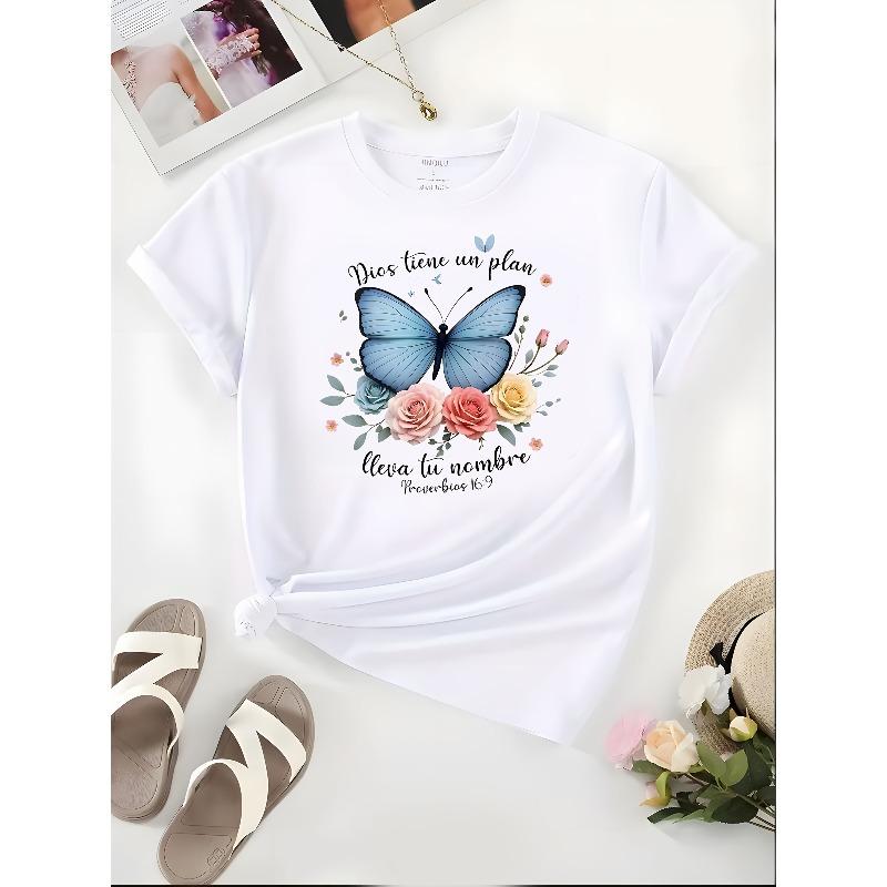 European size New Version of The Small Regular Short-Sleeve Butterfly Print T-Shirt for Women