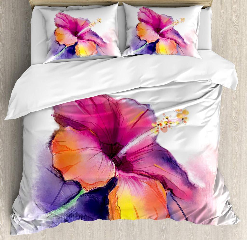 Flower Duvet Cover Set, Little Red Spring Summer Time Garden Florals Poppy Decorative 3 Piece Bedding Set with 2 Pillow Shams
