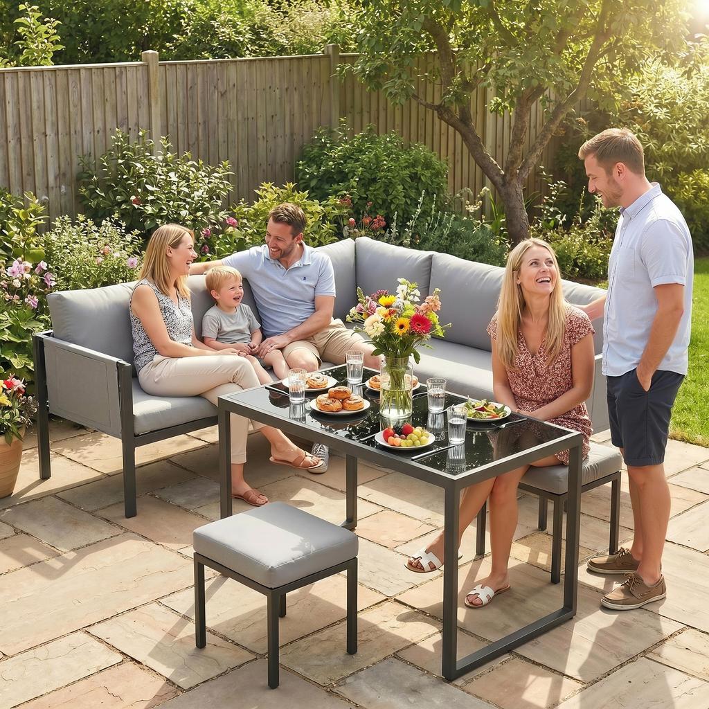 Garden Lounge Set, Outdoor Corner Sofa, 6 Pieces, 10 cm Cushions, High Table, 2 Footrests, Grey