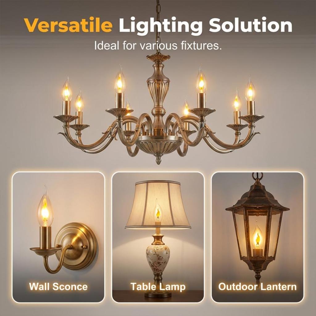 E12 Candelabra Flame Light Bulbs, Realistic Flickering LED Fire Light Bulb, Clear Glass Candle Style Flicker Bulb for Lantern, Chandelier, Halloween
