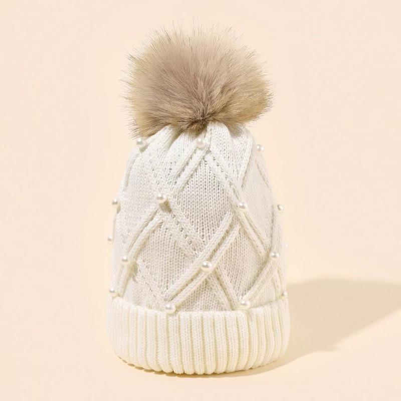 Cute with Diamond Knitted Hat Thick Flannel Warm Large Woolen Ball Cold Hat Folded Edge Solid Color Women's Hat Winter