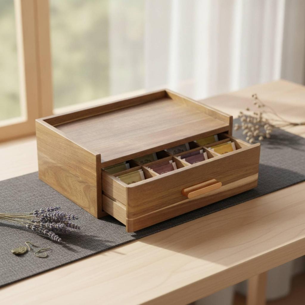 Tea Box with Drawer Compact Pouch Organizer Low-Height