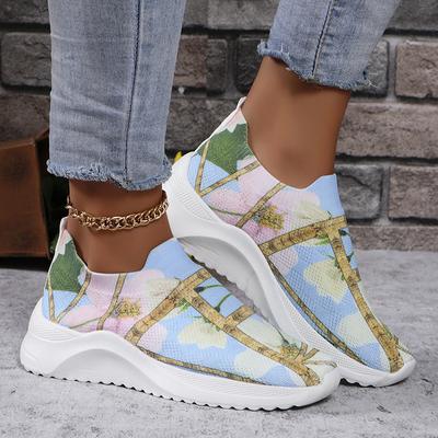 Baskets Tricotées Respirantes à Imprimé Floral Femmes Automne 2024 Antidérapantes Talons Plats Chaussures Décontractées Femme Légères Slip On Mocassins