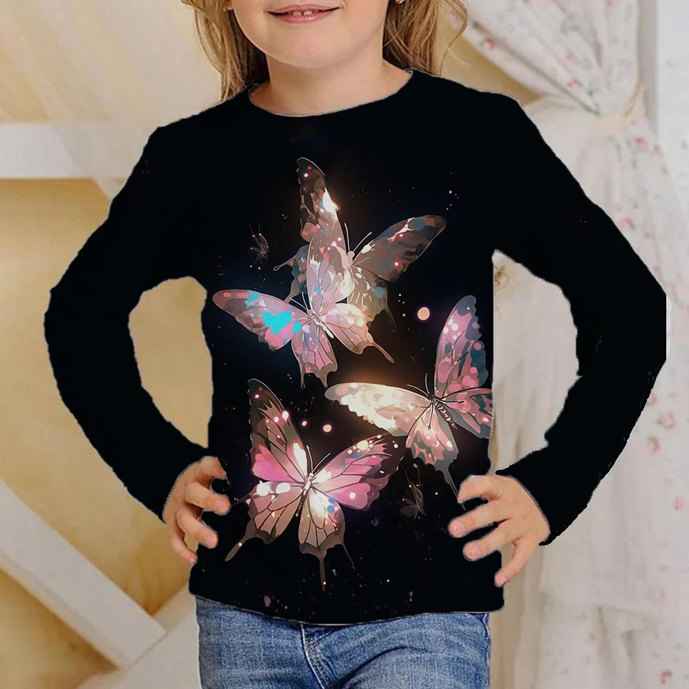 Children's Butterfly Pattern 3D Digital Printing Girl's Casual and Comfortable Round Neck Long Sleeve T-shirt