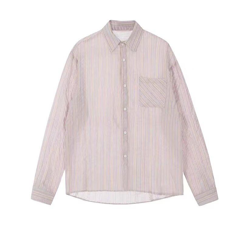 

2024 Полосатая рубашка с длинным рукавом в японском стиле Гонконга Ins Свободная рубашка для мальчиков Летнее модное универсальное повседневное пальто 2XL розовый