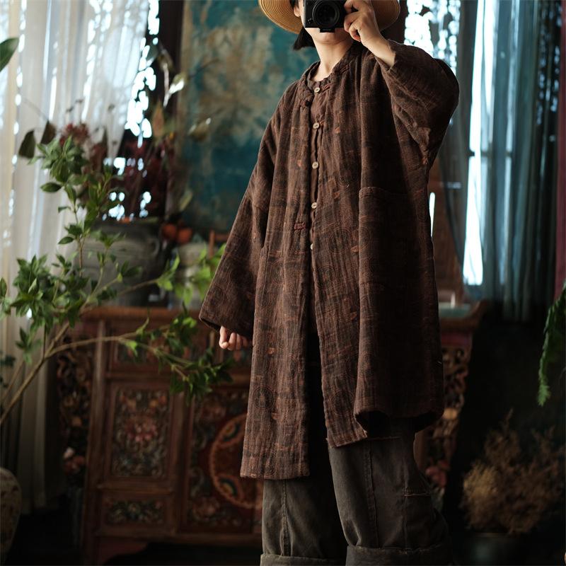 Johnature Paltoane vintage pentru femei cu imprimeu din in stil chinezesc de primăvară cu mâneci întregi largi retro, cu gâtul în formă de bumbac, parkas calde