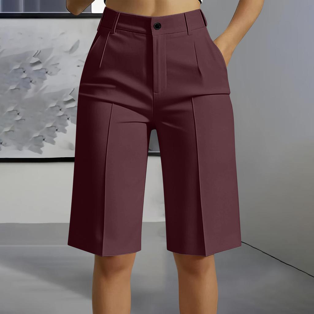 High Waist Straight Leg Bermuda Shorts for Women Casual Tailored Office Style Five Inch Length with Belt Loops and Front Pleats