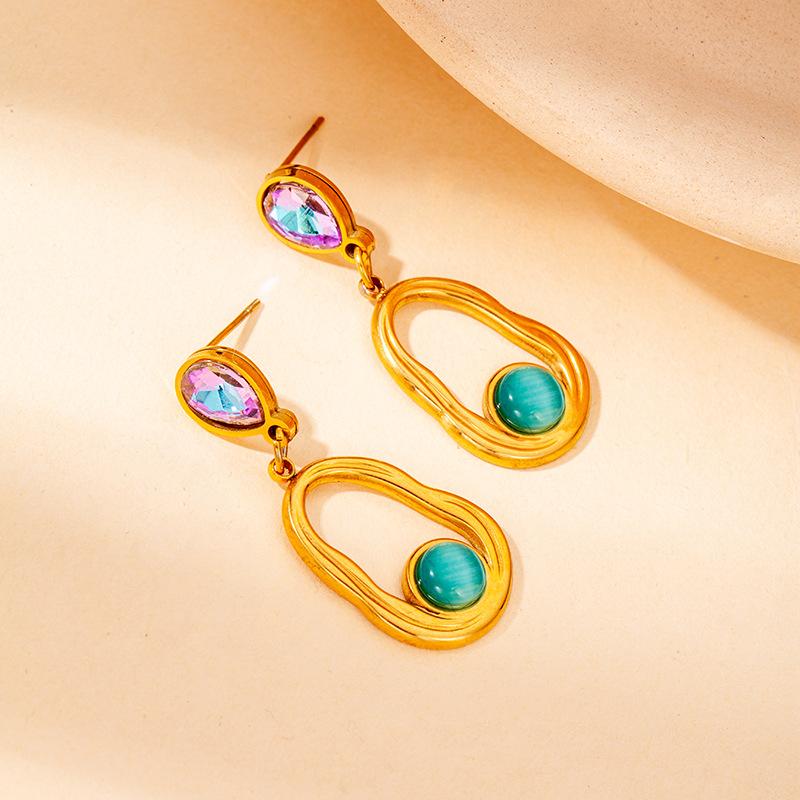 DIEYURO 316L Stainless Steel Purple Water Droplets Irregular Elliptical Inlay Cat Eye Stones Earrings Waterproof Fashion Jewelry