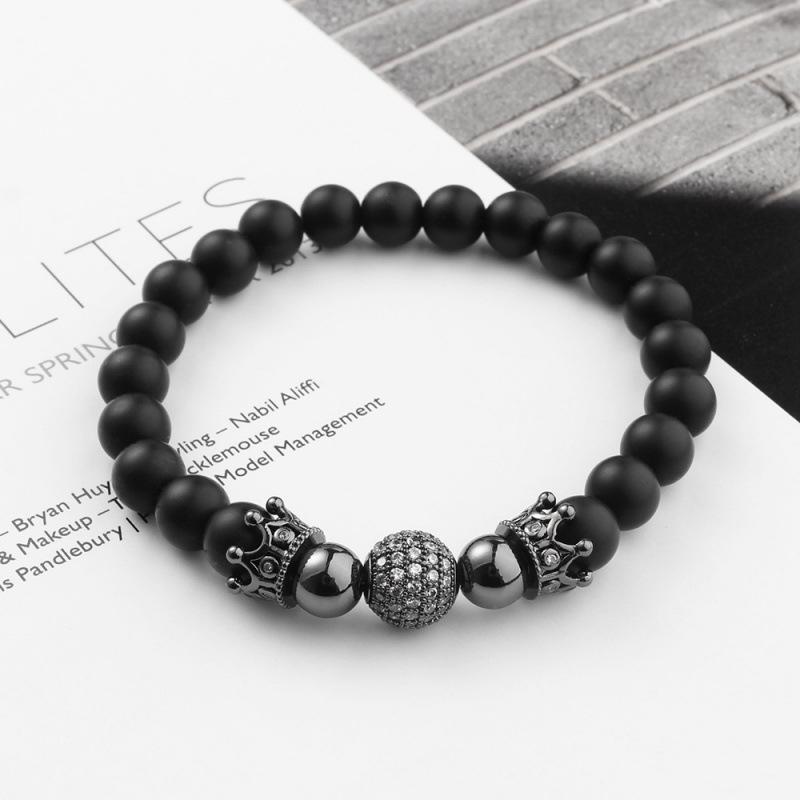 Micro-inlaid Copper Bead Crown Zirconia Bracelet with Frosted Prayer Beads