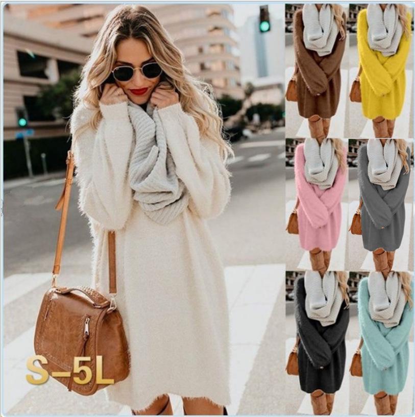 2025 Women's Autumn/Winter Mid-length Long Sleeve Round Neck Loose Plush Dress