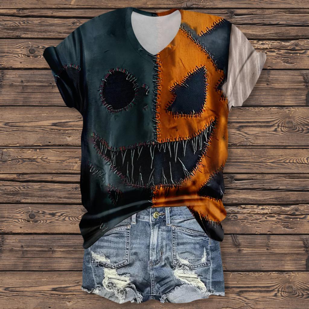 Damenmode Lässig Dreiviertelärmel Halloween Buchstaben, Gesichtsprint Oberteil