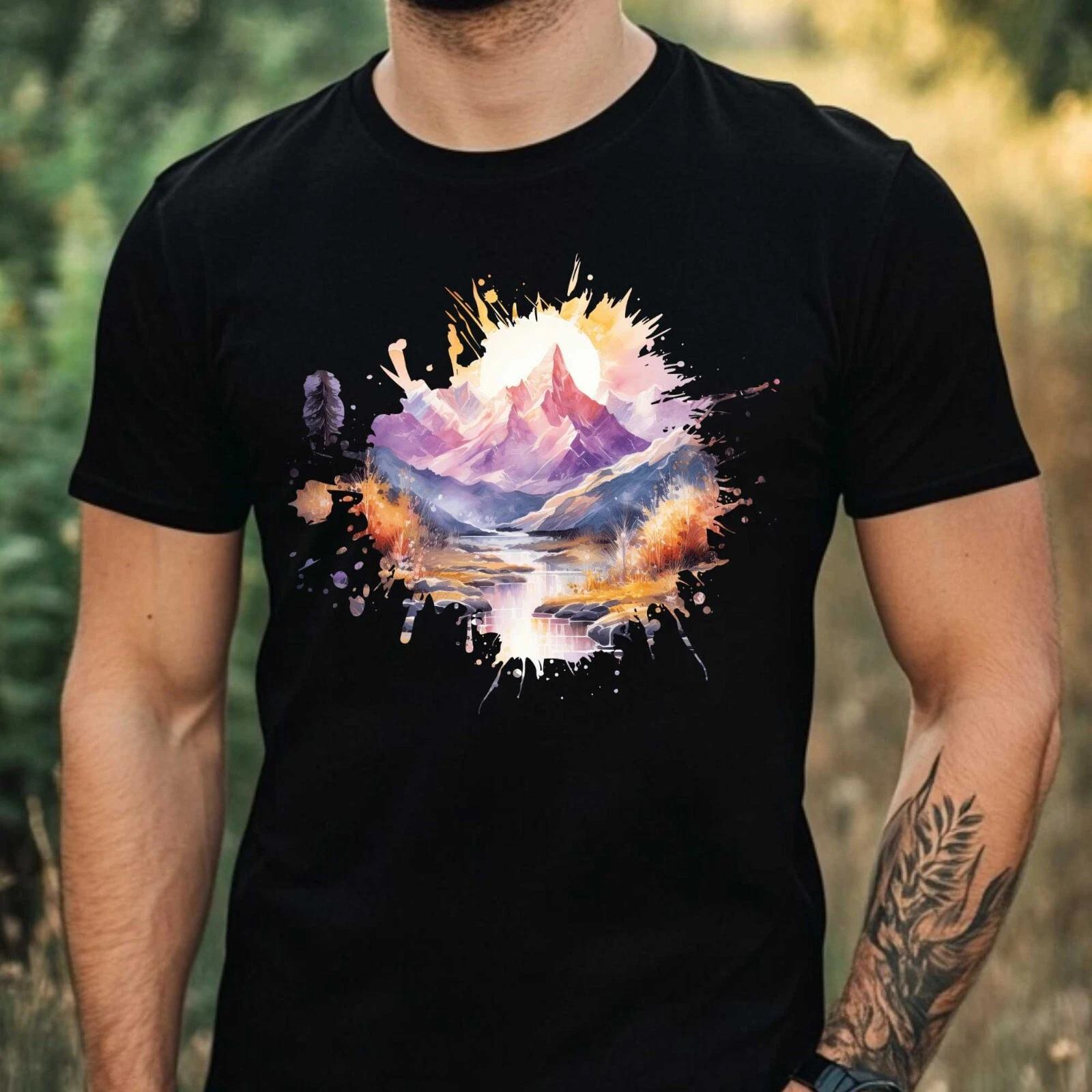 T-Shirt Herren Aquarell Berglandschaft Motiv Baumwolle Größe XS bis 5XL L