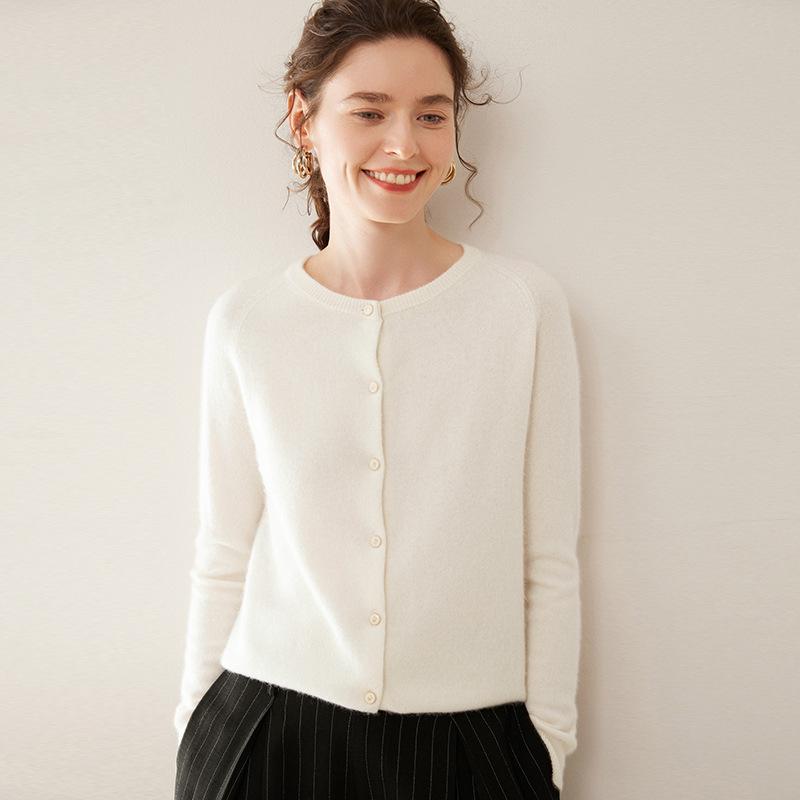 Damen Kaschmir Raglanärmel Cardigan - Dünn, Rundhalsausschnitt, Einfarbig, Lockere Passform für Herbst und Winter