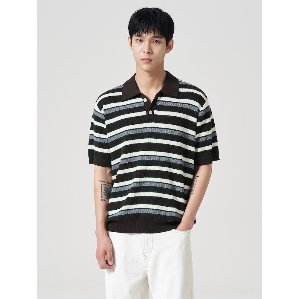 8Seconds Multi-Stripe Collared Short-Sleeve Knit Brown Dark Brown/M