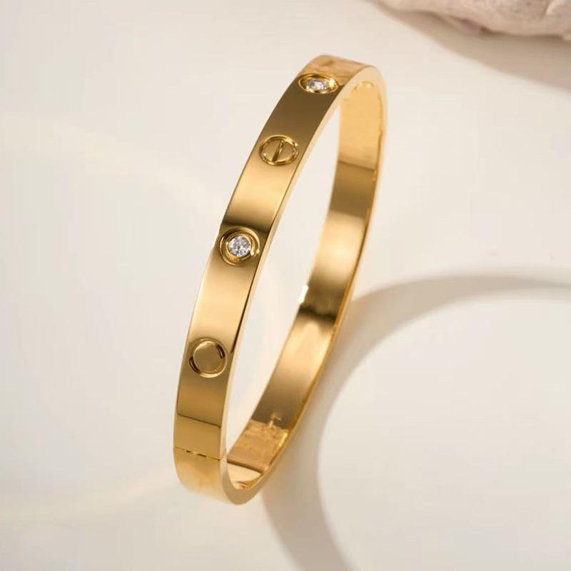 18K Gold Diamond-Inlaid Titanium Steel Bracelet, Women's Niche Luxury Design, Stainless Steel Hollow Letter Style.