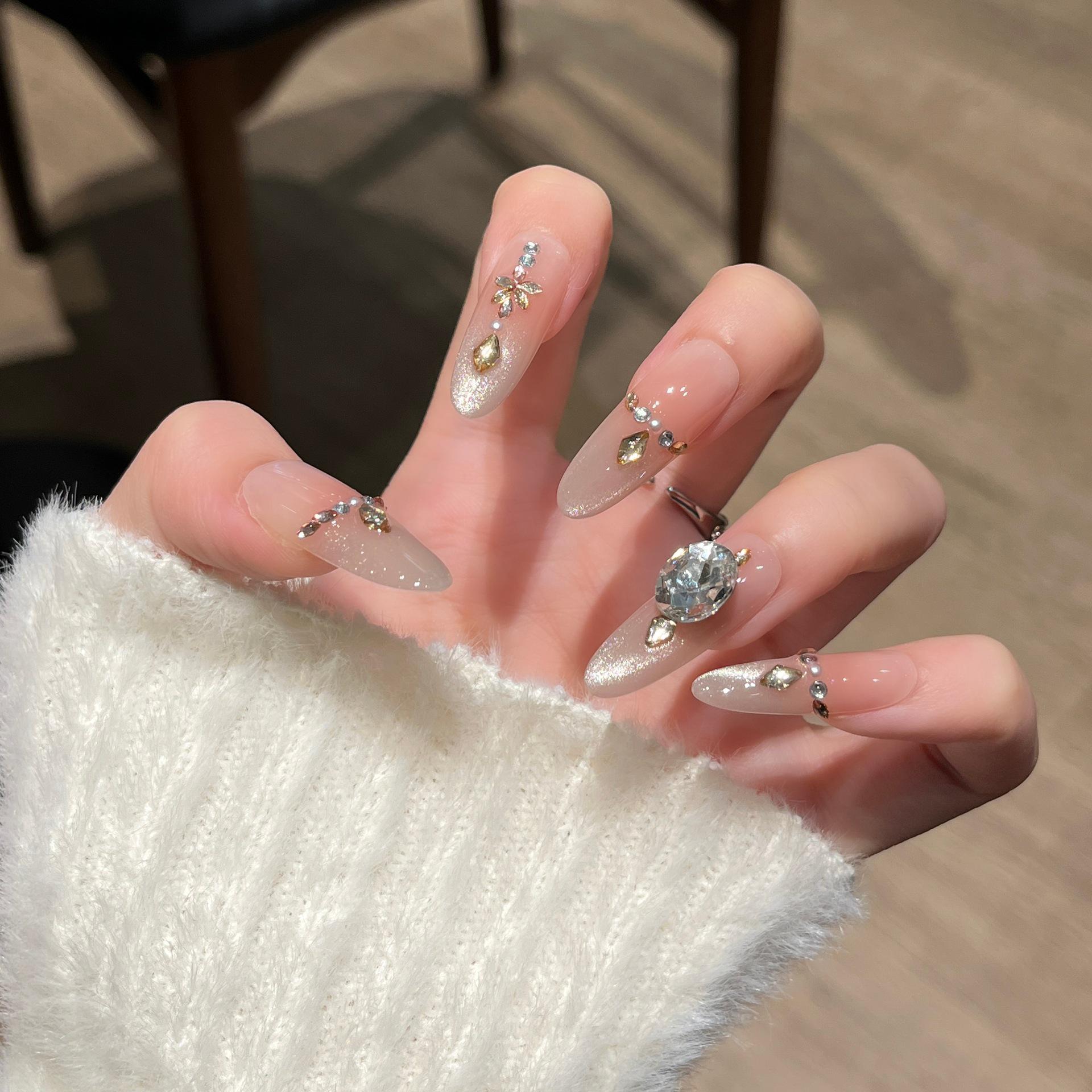 Handmade Cat Eye Nail Tips, Medium-Long, Nude, Exquisite High-End Feel