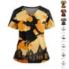 Women's Halloween Printed V-Neck Double Pocket Short Sleeves Hem Slit Uniform Caregiver Top
