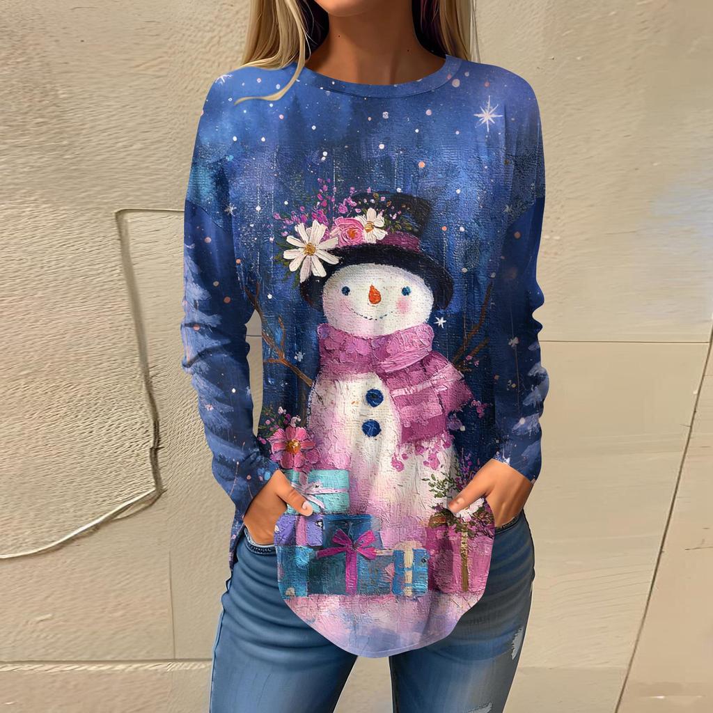 Weihnachts-Stil Damenbekleidung Schneeflocke Weihnachtsbaum Print Pullover Rundhalsausschnitt Langarm T-Shirt Festlich Lässig Lockeres Oberteil